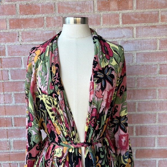 Kimono Loco Floral Paisley Open Front Boho Tie Waist Robe Tunic L/XL Multi Color - Picture 2 of 13
